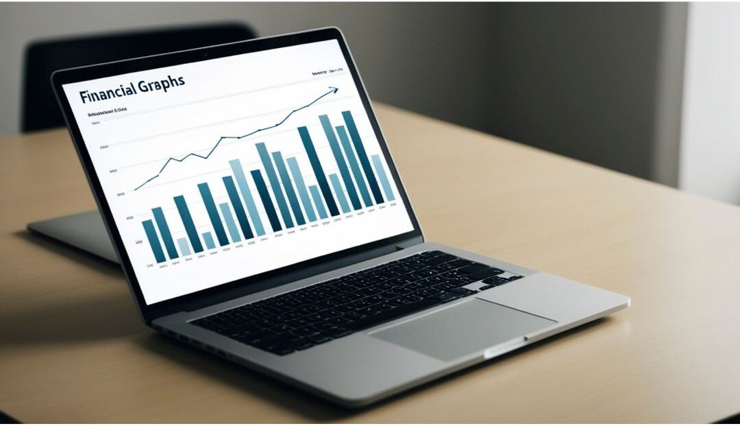 clean desk setup with laptop displaying financial growth chart