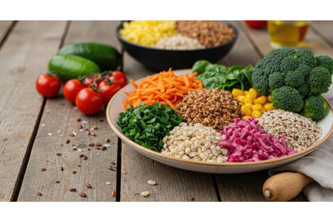fresh colorful nourish bowl with grains and veggies on ceramic plate