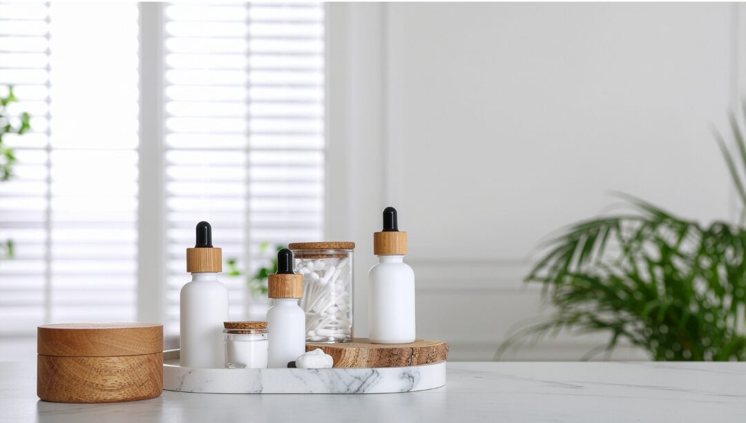 organized bathroom counter showing a marble tray holding skincare products