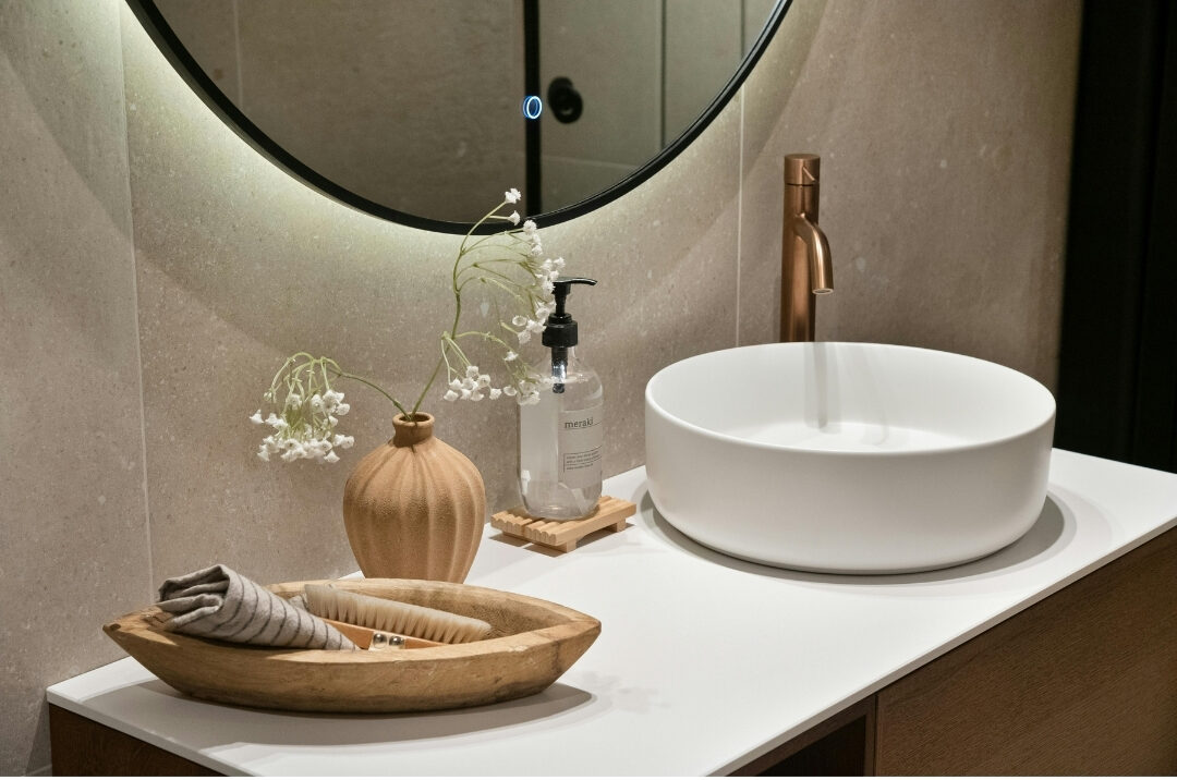 tidy bathroom vanity drawers showing neat organization trays