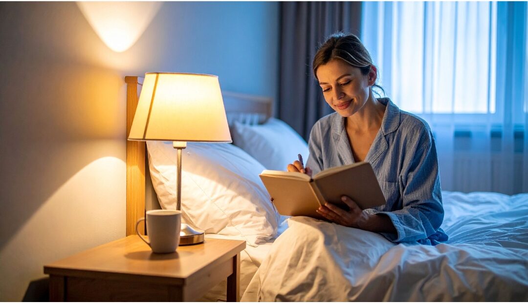 woman writing in cozy journal under warm lamp light in evening discovering how to stop feeling like you're failing
