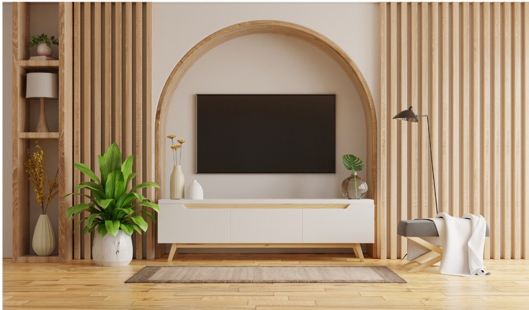 clean living room TV wall with all wires hidden inside wall structure