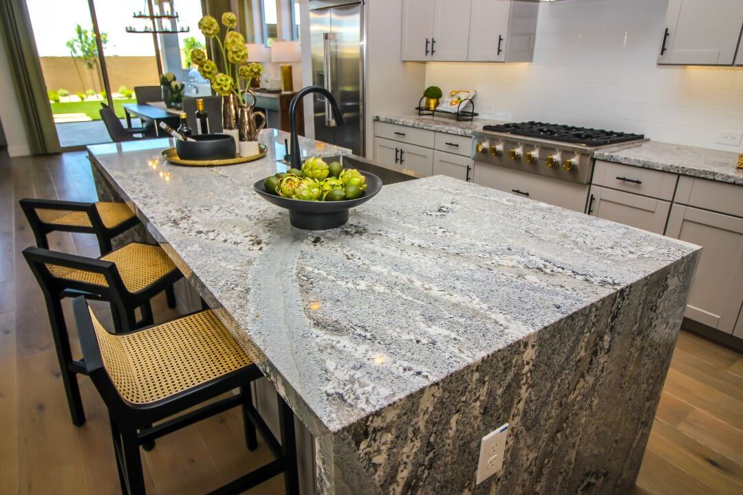 clear wooden kitchen island countertop with single decorative bowl