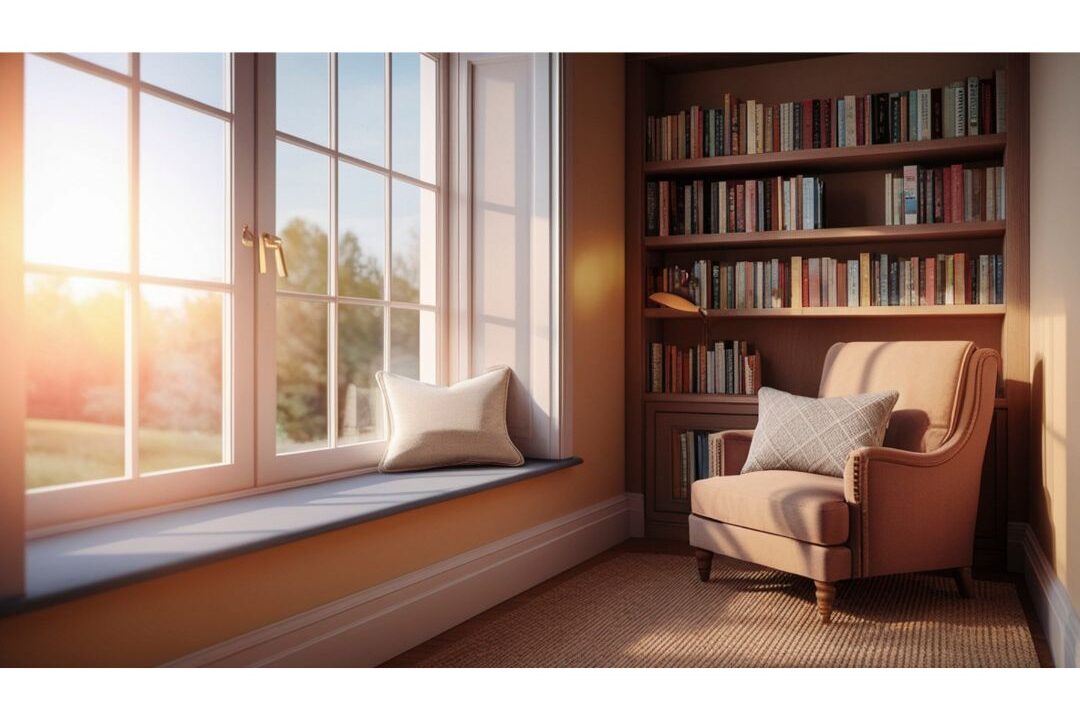 cozy armchair with soft linen pillow near sunlit bookshelf