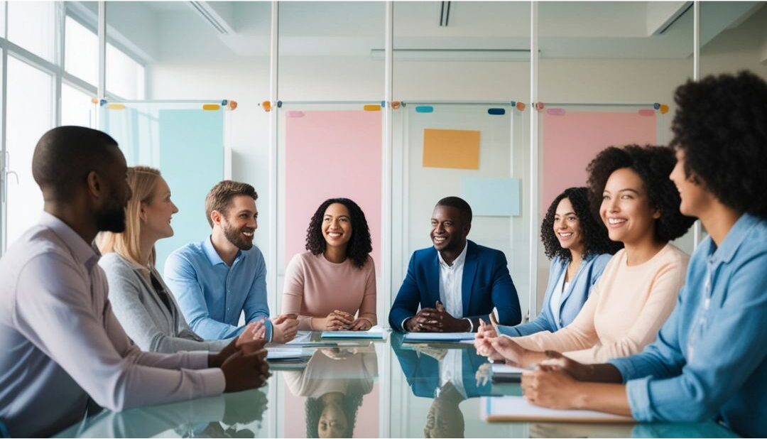 group of diverse professionals conversing at sophisticated evening gathering