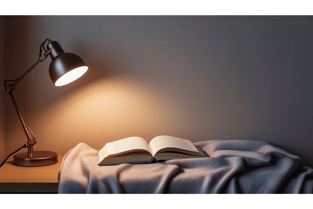 open journal on nightstand beside warm table lamp