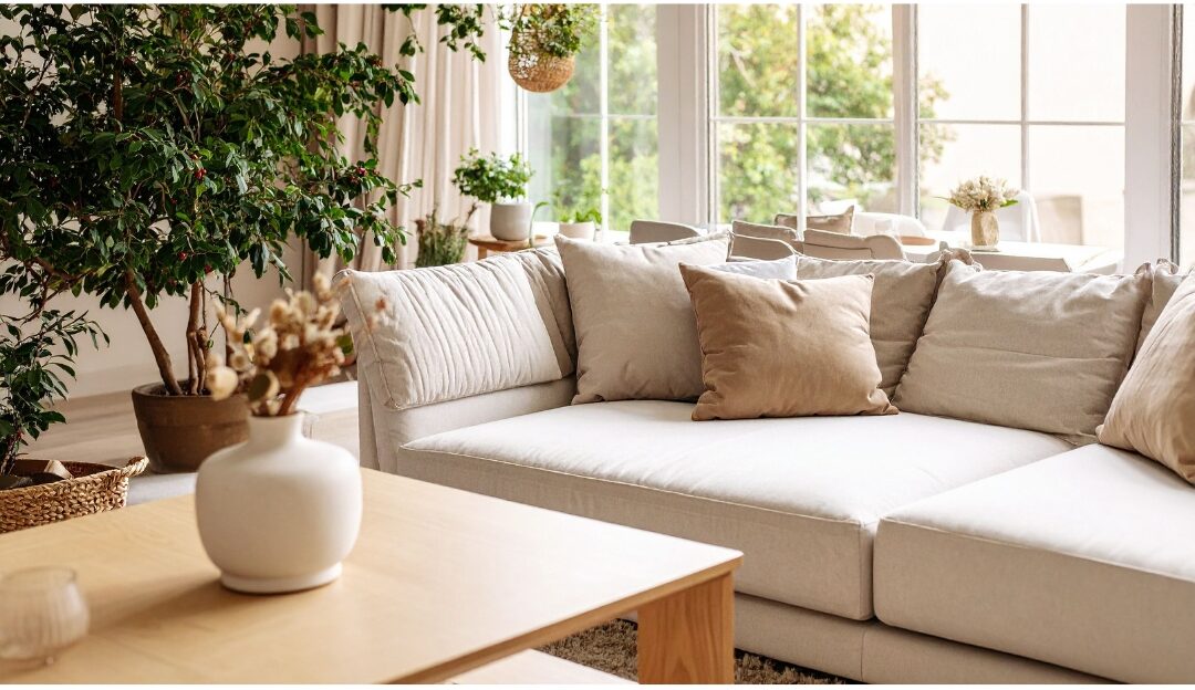 tidy living room filled with natural sunlight and green indoor plants creating peaceful spaces