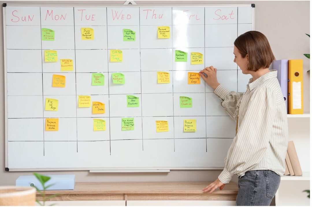 woman planning project on whiteboard in bright modern room launching new ideas