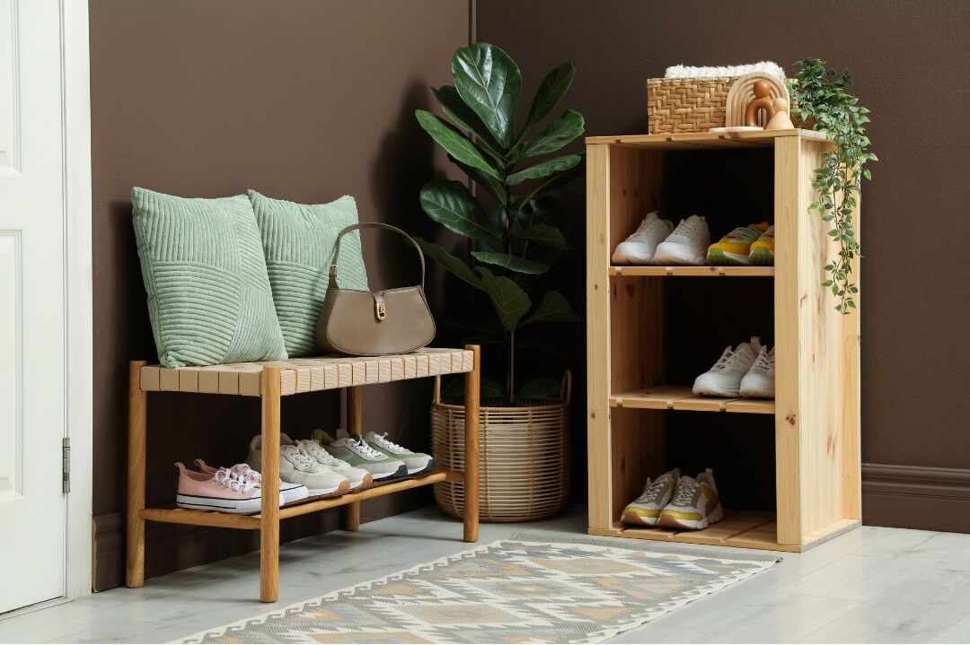 clean entryway shoe bench with neatly arranged shoes underneath