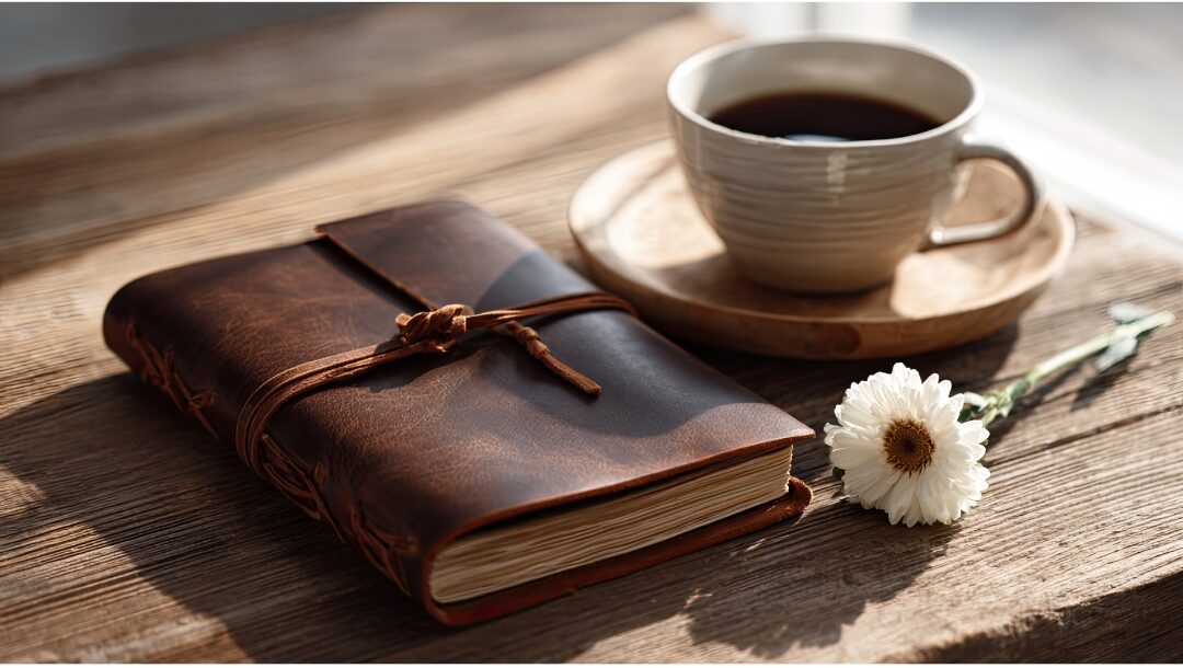 cozy journal resting beside steaming cup of coffee on sunlit wooden table creating low friction systems