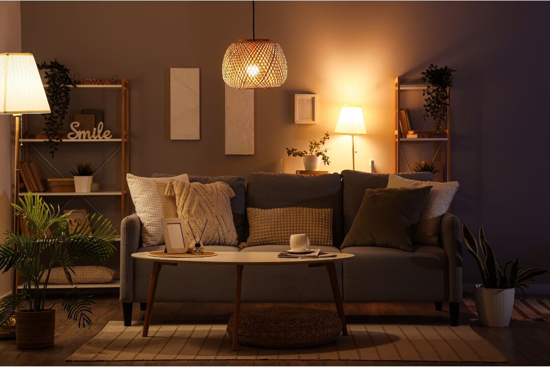 cozy living room corner with ceramic table lamp glowing warmly on wooden console featuring 40 cozy home ideas you'll want to copy
