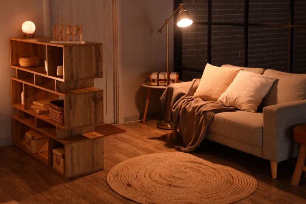 clean living room illuminated softly by lamps during a 15-minute evening reset