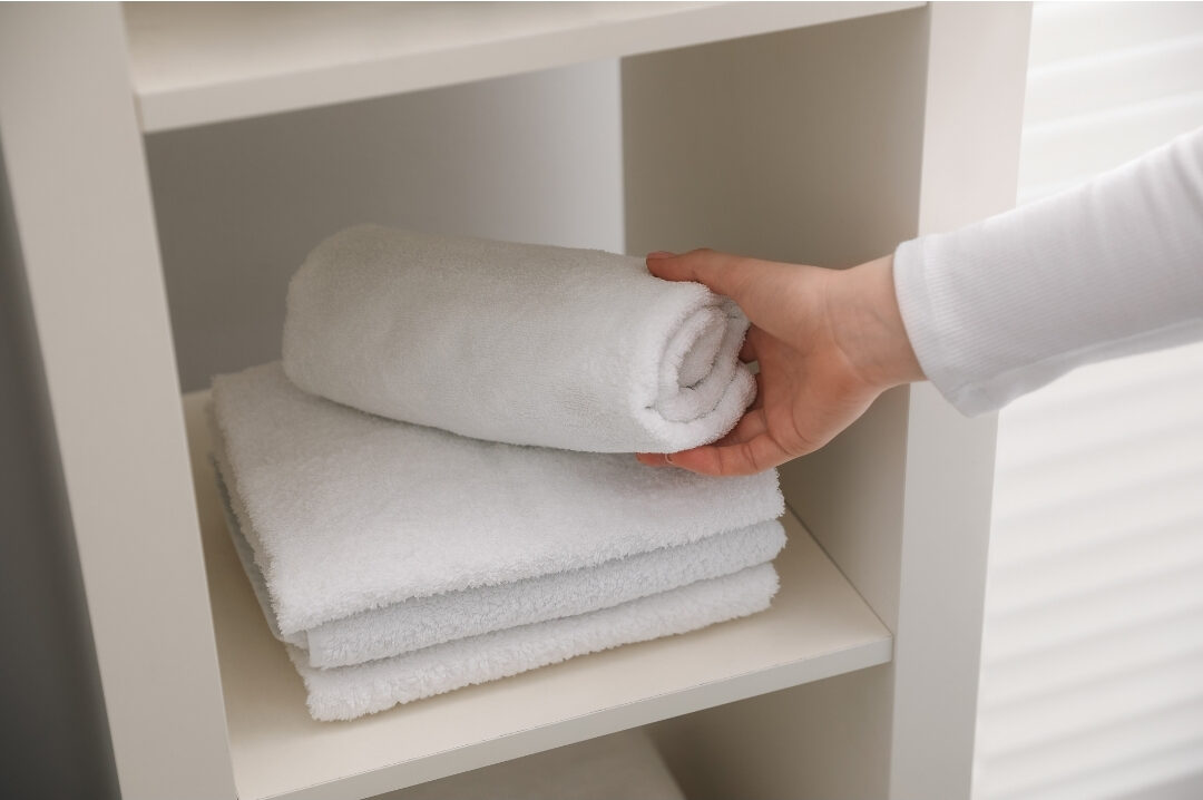 neatly folded white bath towels stacked on a clean bedroom shelf