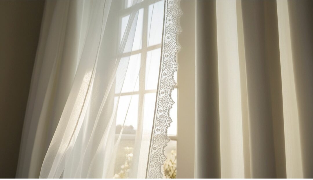sheer white curtain blowing softly in breeze near open window