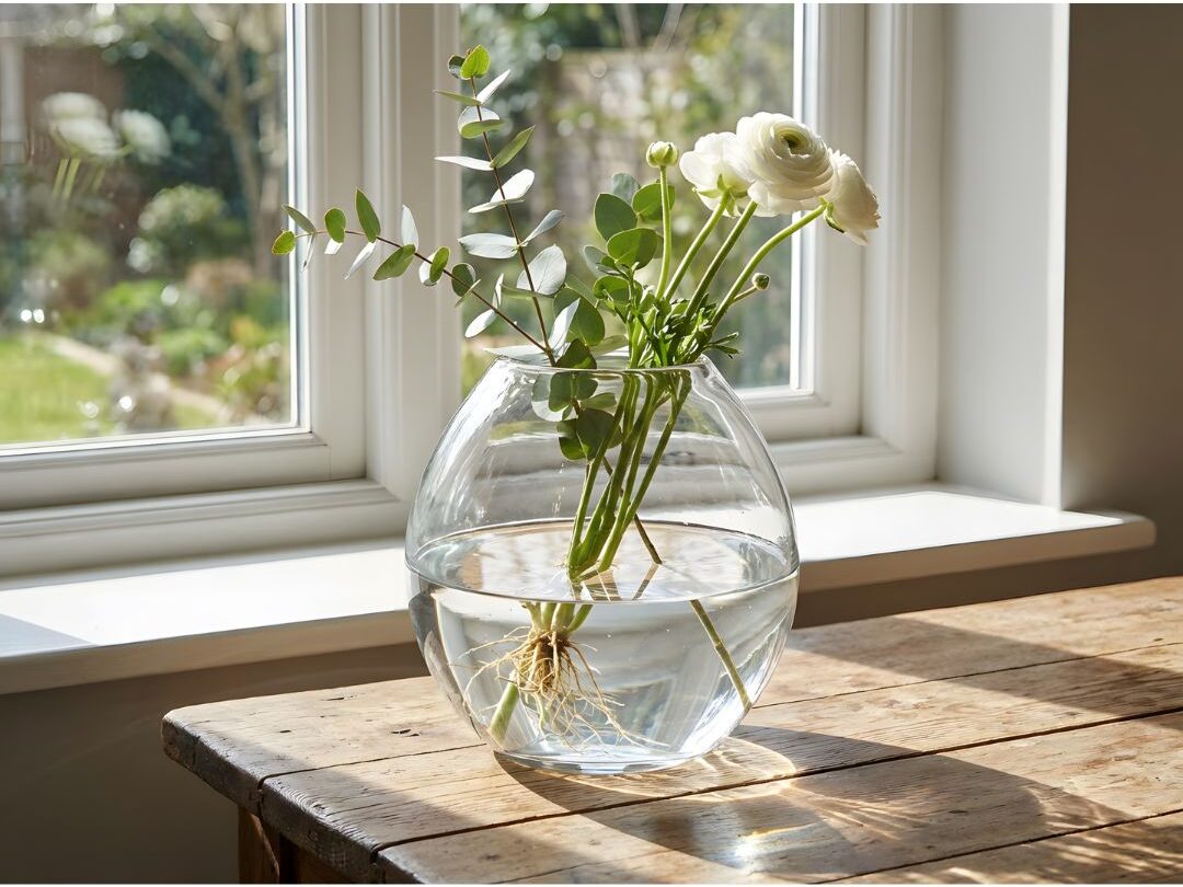 glass vase with simple white eucalyptus and garden blooms
