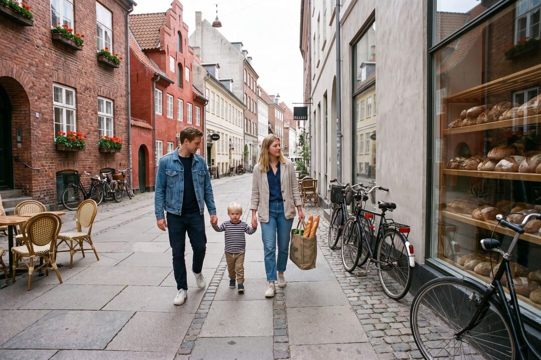family walking through historic international city street exploring