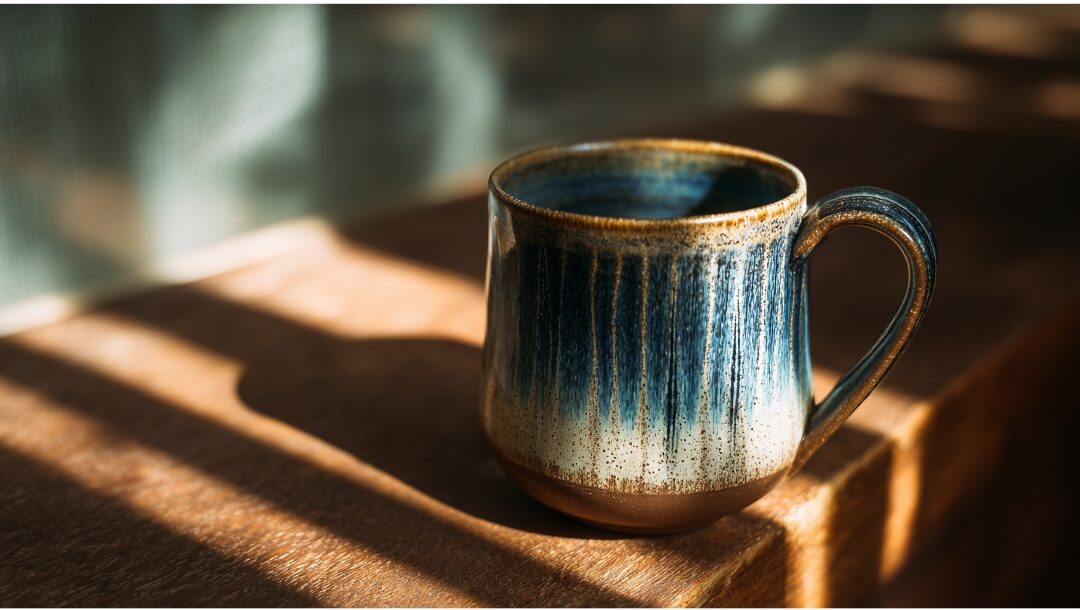 handcrafted ceramic mug on wooden tray with warm drink featuring 30 tiny luxuries every woman deserves