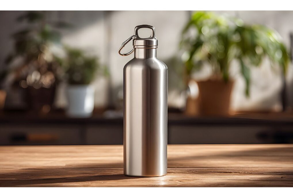 aesthetic insulated stainless steel water bottle on wooden table