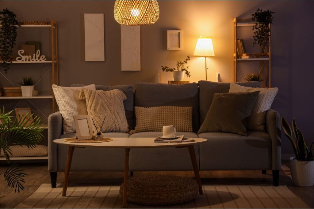 cozy living room illuminated by warm table lamps in evening
