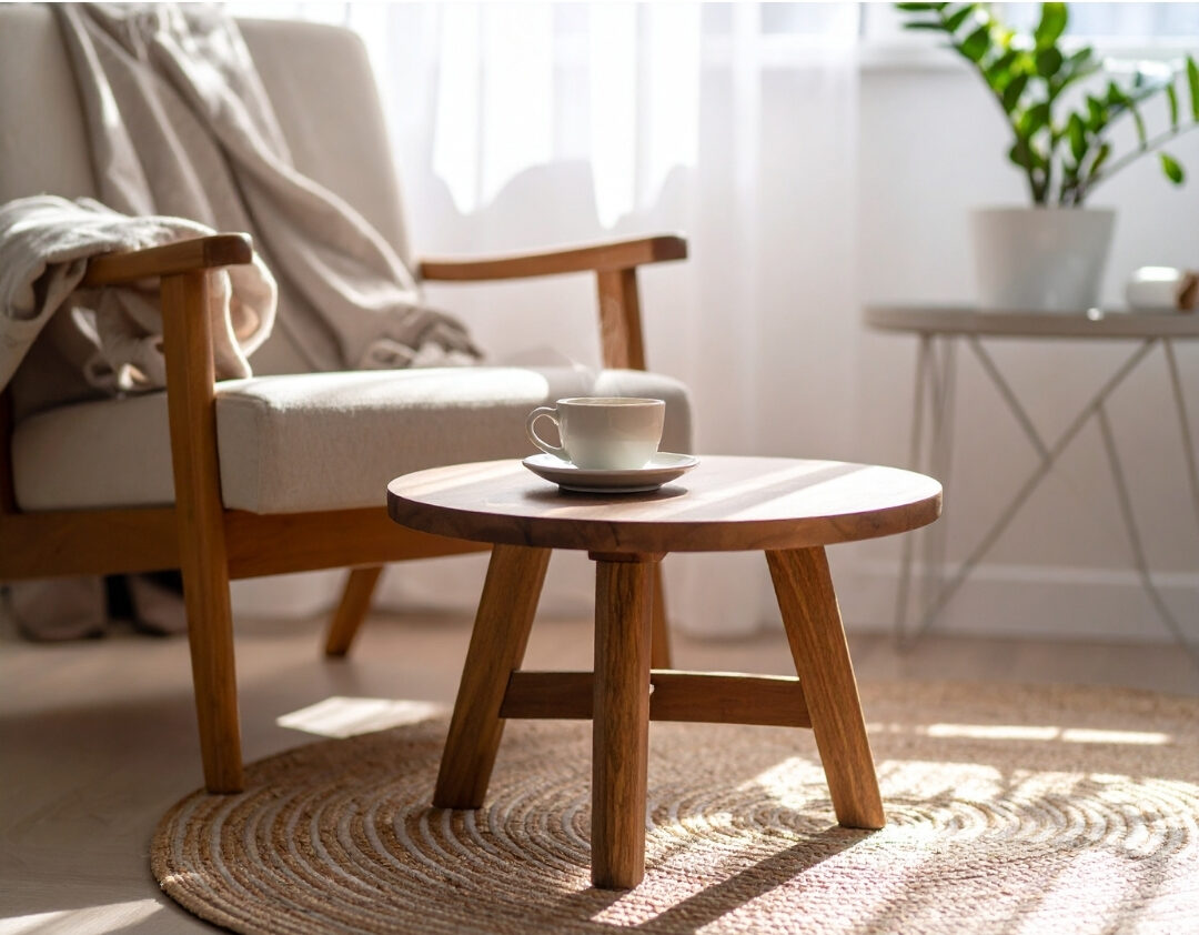cozy living room armchair next to a sunlit window with a small side table