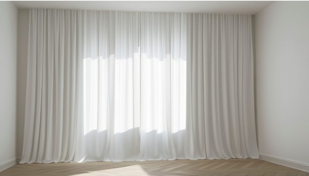 modern living room with floor to ceiling linen curtains and sheer panels