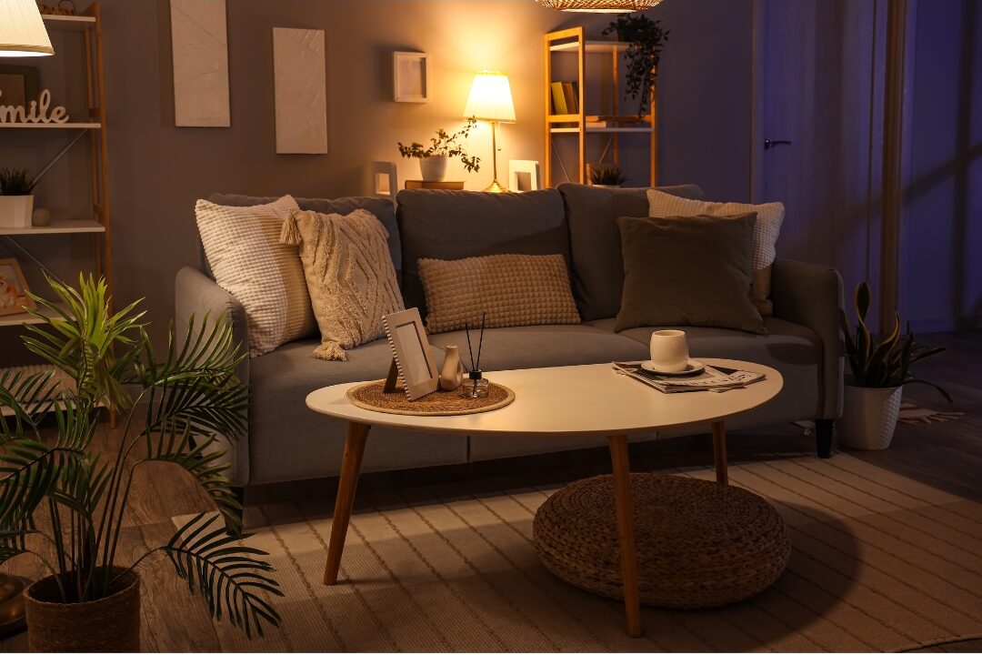 cozy living room evening lighting with table lamp glowing on side table