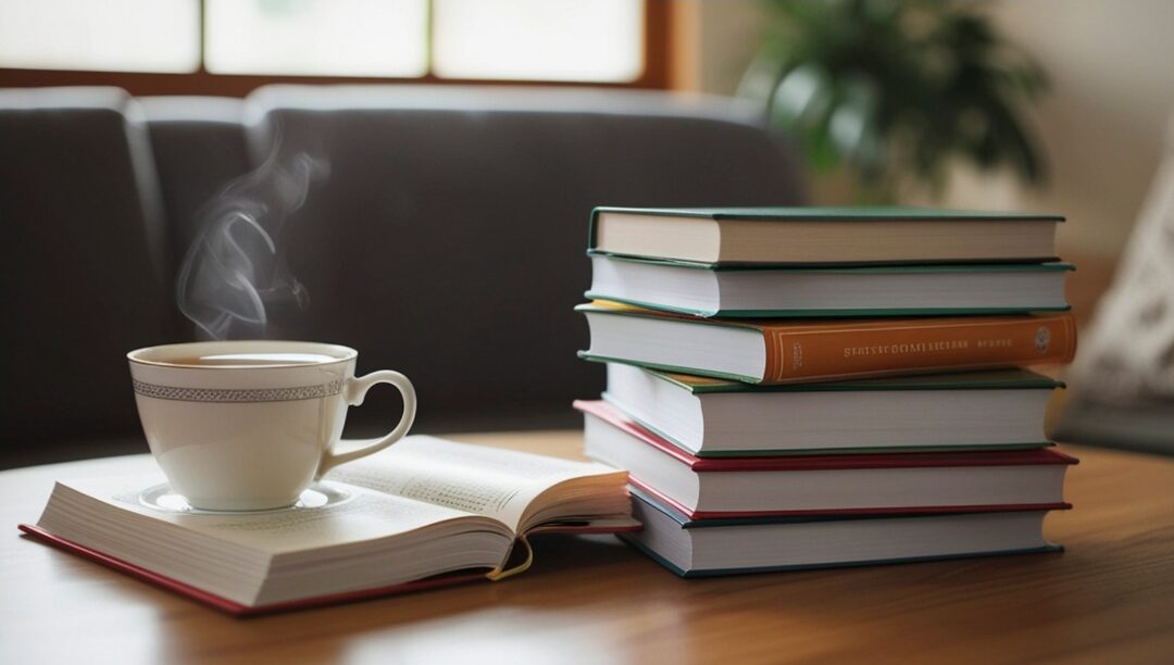 low wooden coffee table styled with stacked art books and ceramic bowl showcasing 40 cozy home ideas you'll want to copy