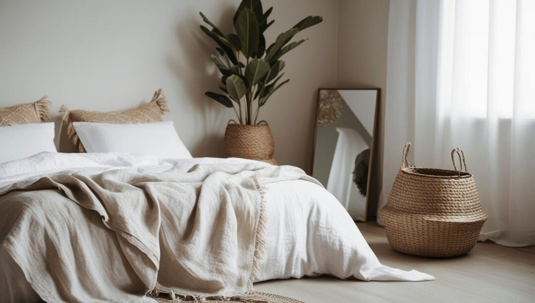 clean minimalist bed with a neutral linen duvet cover checking off 101 things to declutter this weekend