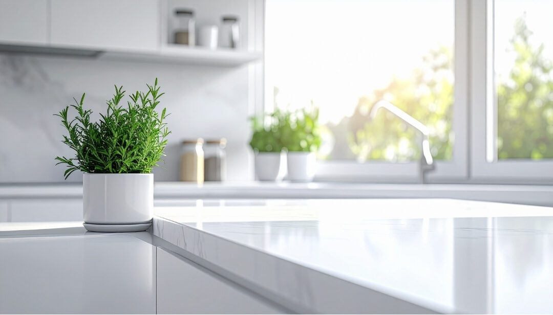minimalist kitchen counter with clean white surfaces discovering 101 things to declutter this weekend