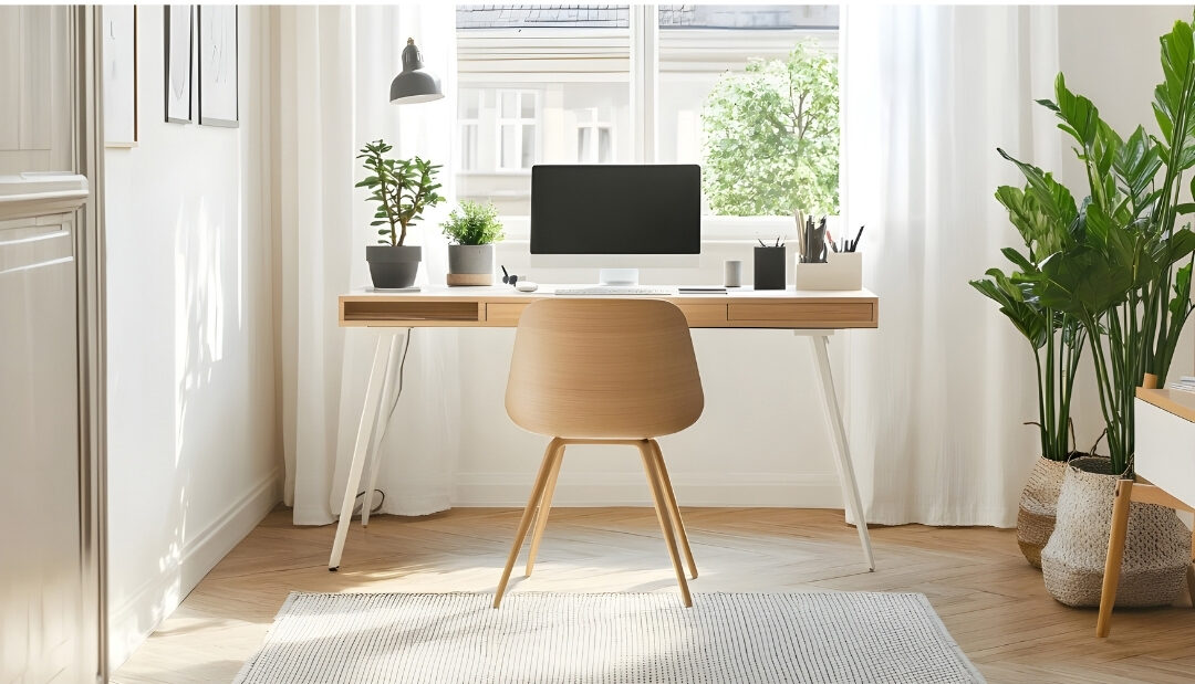 minimalist laptop setup on a tidy white desk near a sunny window