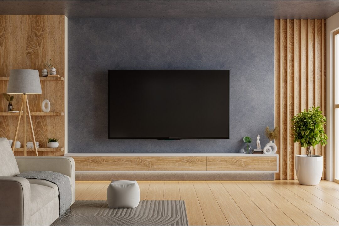 minimalist living room television setup with sofa