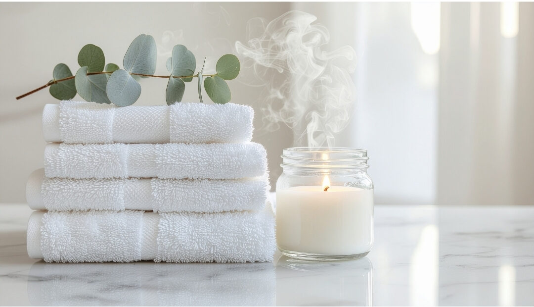 modern bathroom setup with clean tile surfaces and folded hand towels
