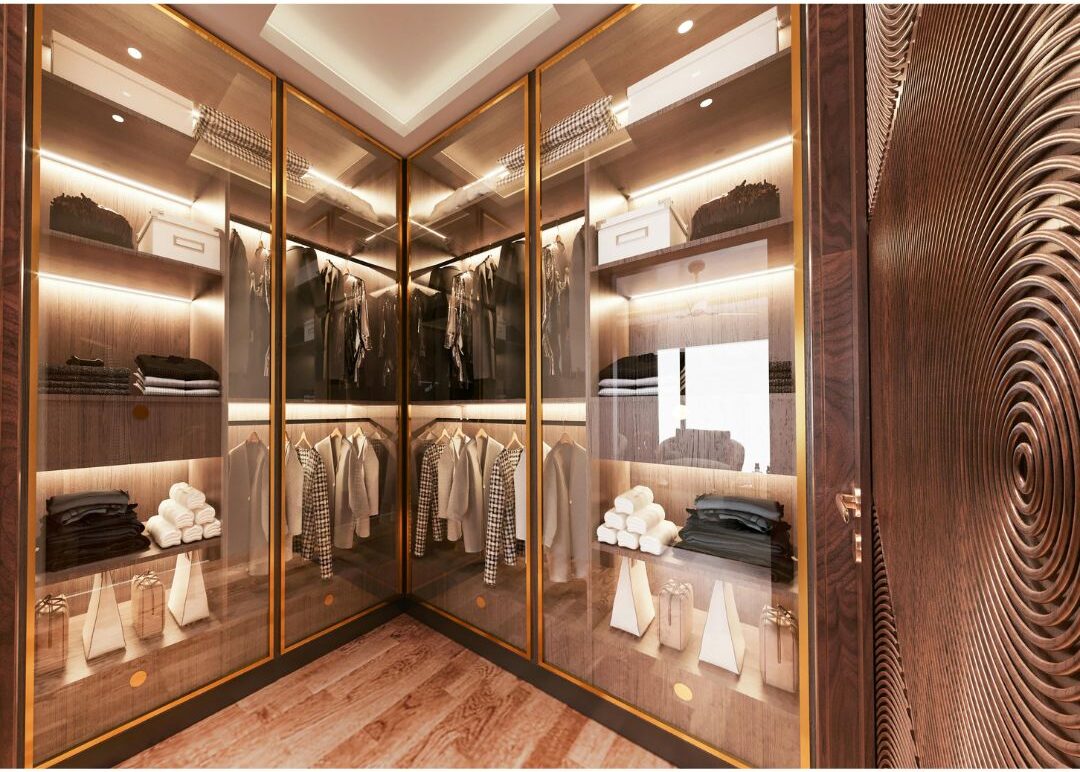 motion sensor light glowing inside organized clothes closet