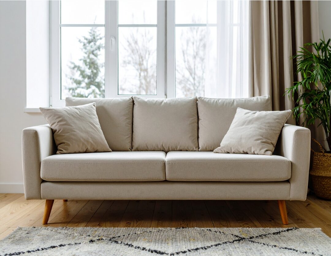 large natural jute area rug under a neutral living room sofa setup
