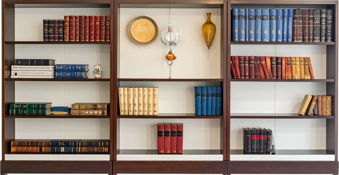 organized bookshelf filled with books arranged neatly by color tone