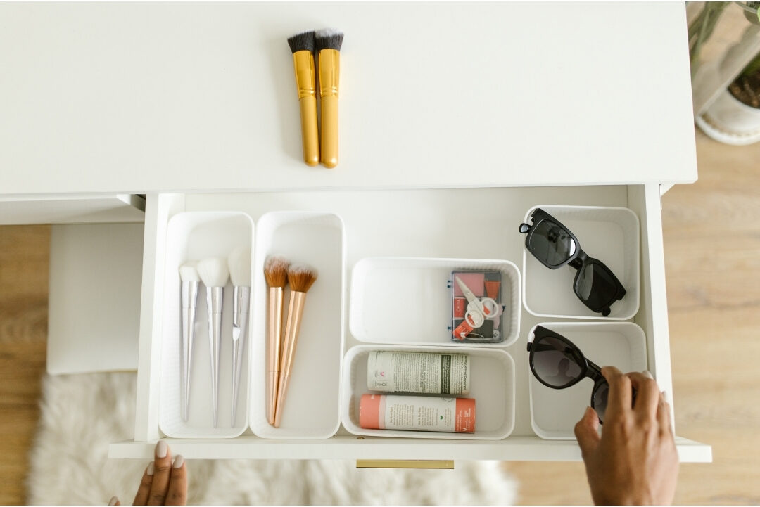 organized nightstand drawer with small dividers for personal items