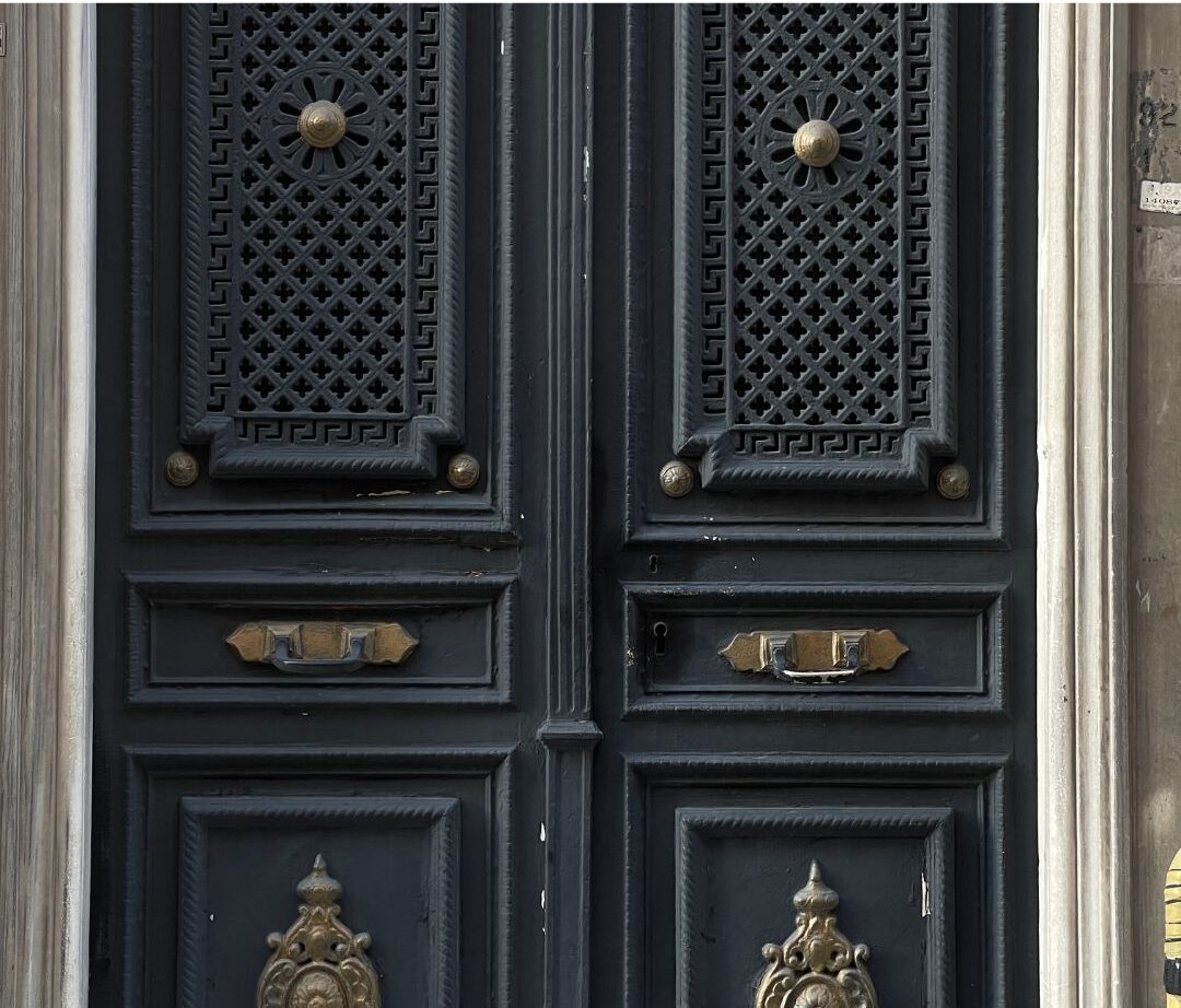 dark charcoal interior door with brass lever handle