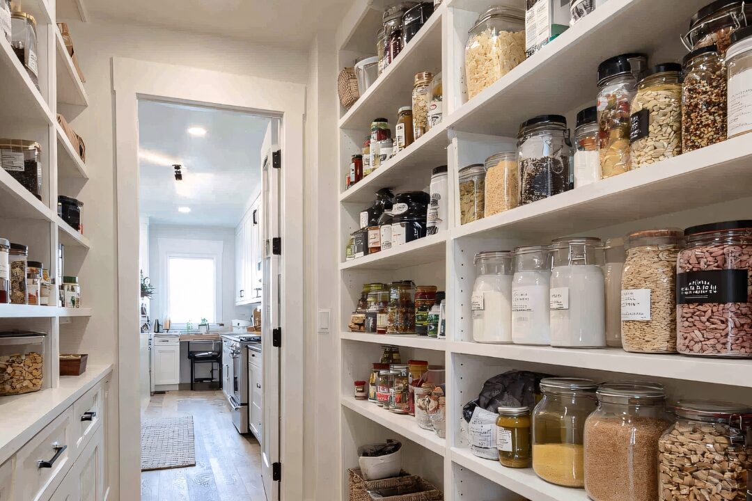 pantry shelf organized with store brand grain jars