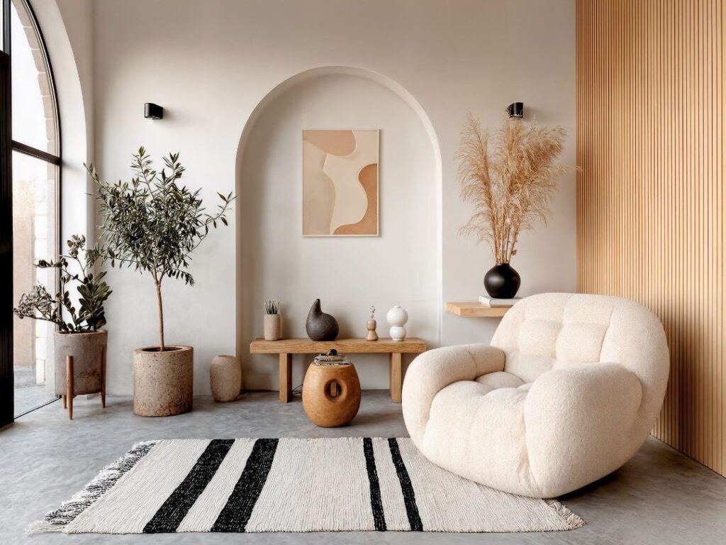 bright peaceful living room representing financial abundance and soft living