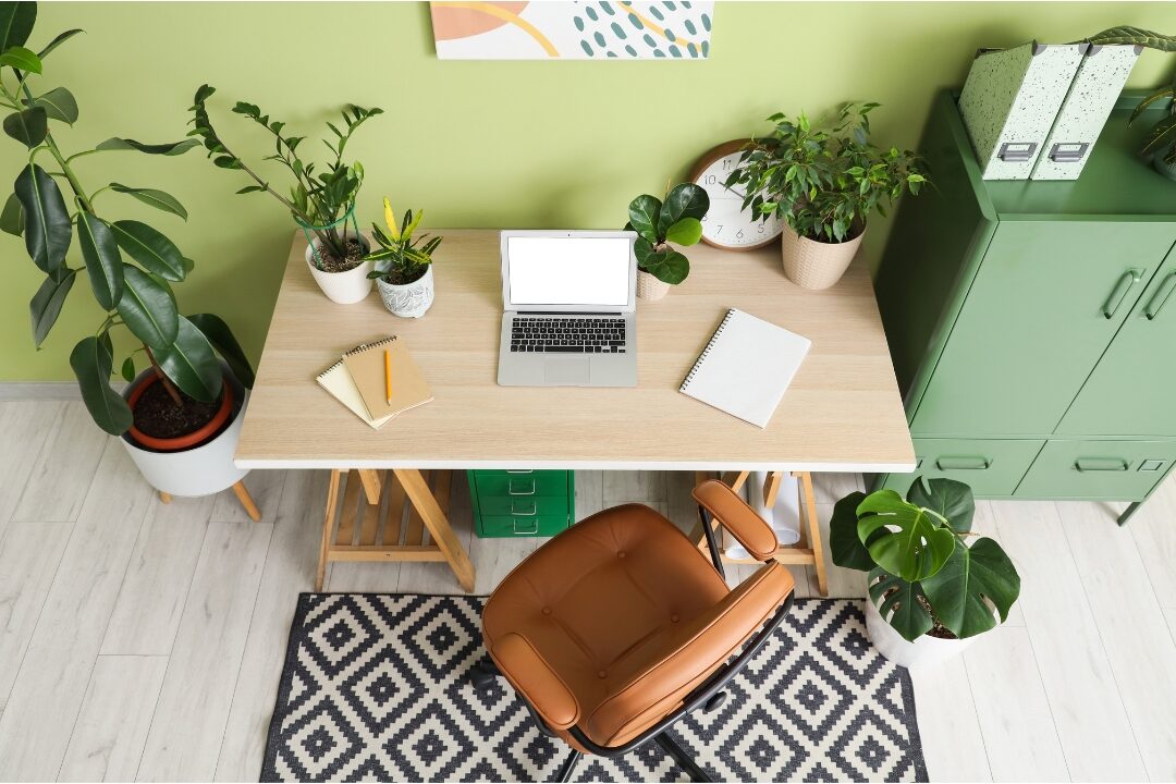 sunlit cozy room with green plants and clean uncluttered desk enjoying mental clarity