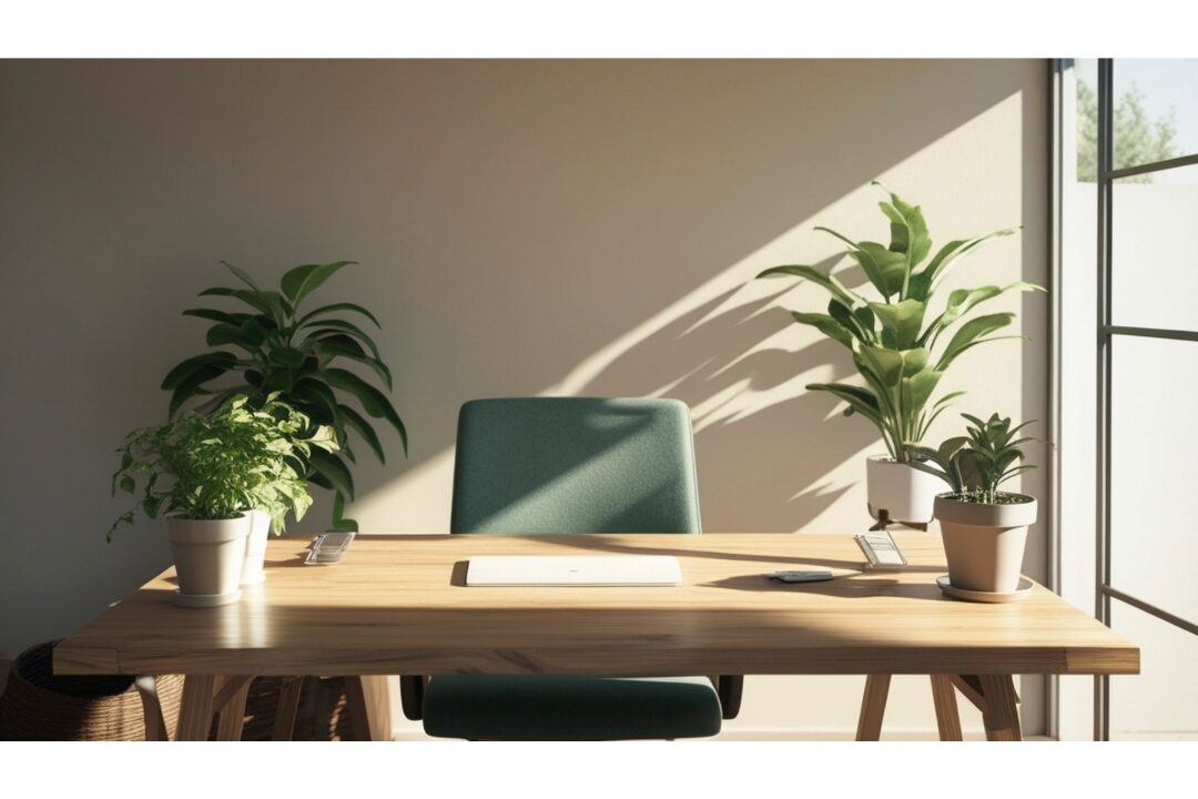 peaceful home desk with small green potted plant in morning sunlight keeping balanced lifestyle