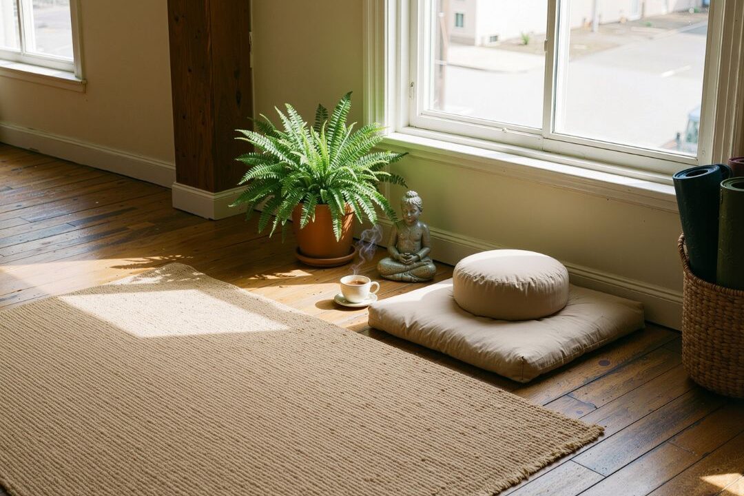 peaceful meditation space with floor cushion near quiet garden window