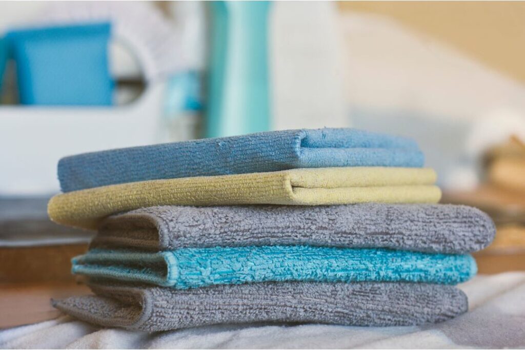 reusable microfiber cloths representing things frugal moms never waste money on