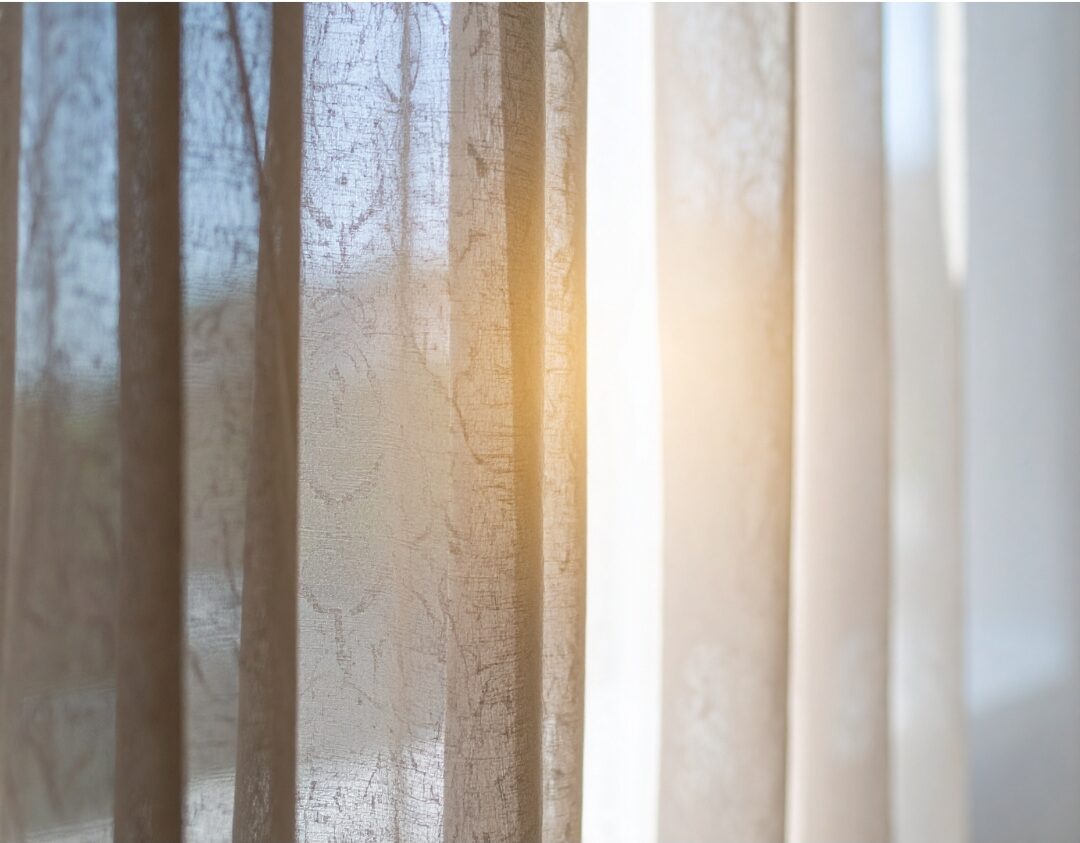 sheer linen window curtains filtering soft afternoon sunlight into peaceful room