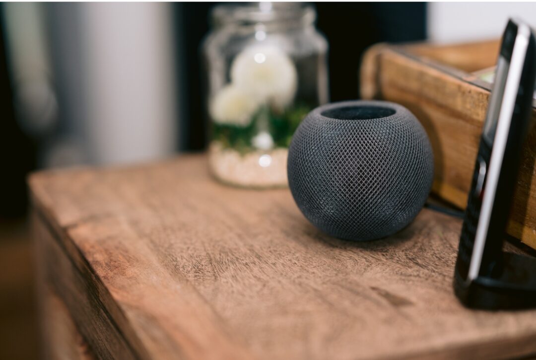 smart speaker sitting subtly on wooden shelf near books presenting 40 cozy home ideas you'll want to copy