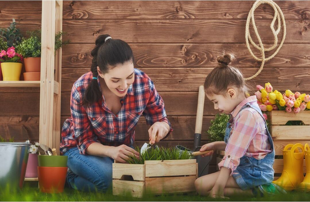 parent and child planting green seeds together in wooden garden box presenting 25 family traditions worth starting