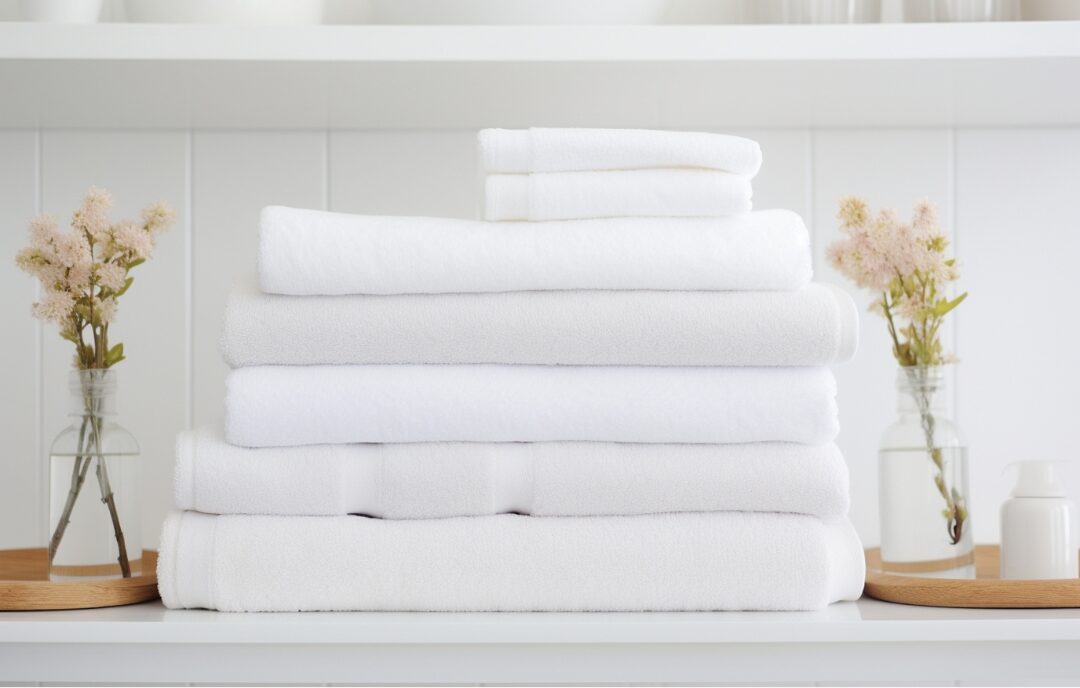stacked plush white bath towels neatly sitting on a wooden bench
