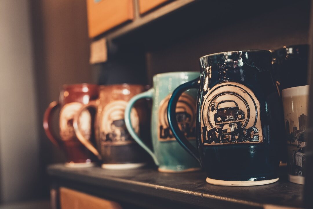 stoneware mugs open kitchen shelving