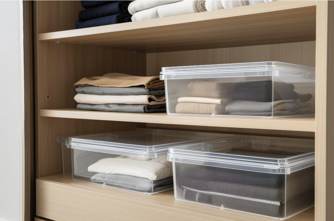 organized storage closet filled with labeled clear bins on wooden shelves
