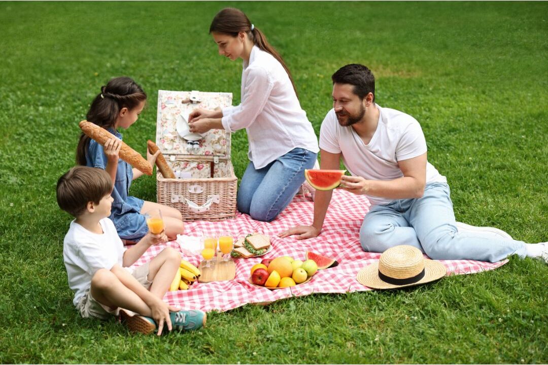 family having sunset picnic on grassy hill with checkered blanket and fresh fruit